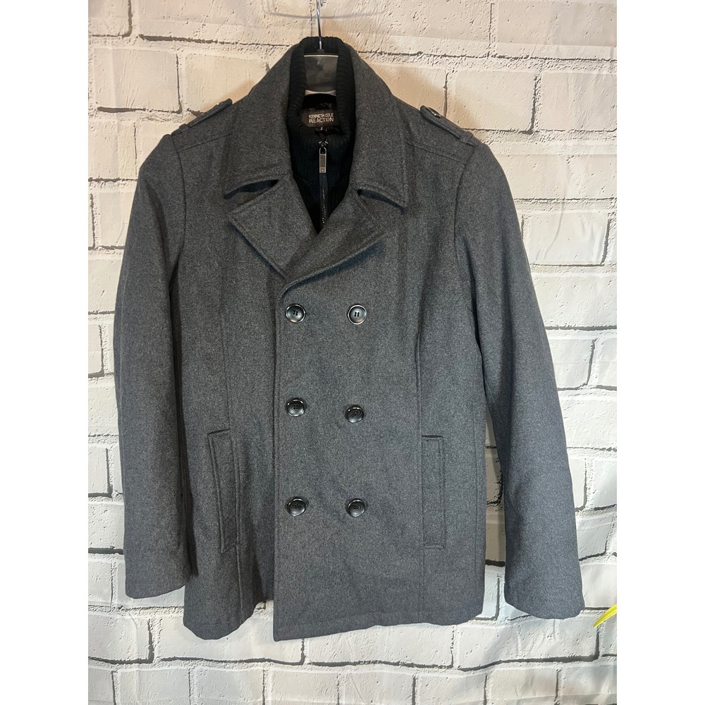 Kenneth Cole Reaction Mens Gray Wool Blend Double Breasted Pea Coat with Bib S
